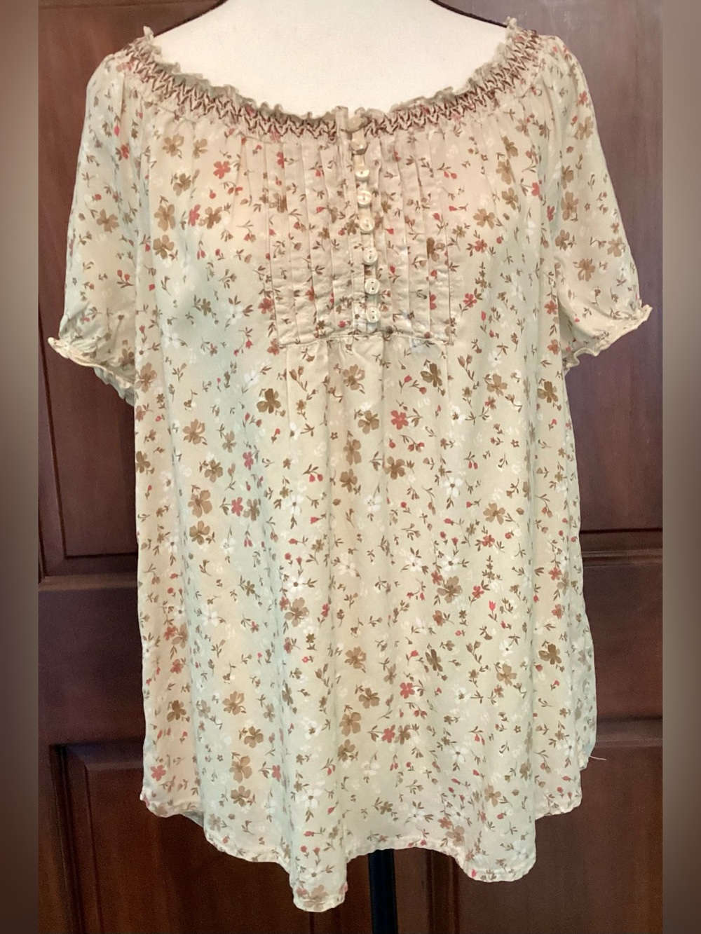 Womens Boho Ditsy Floral L(12-14) Smocked Embroidered Babydoll Puff Sleeve Tunic